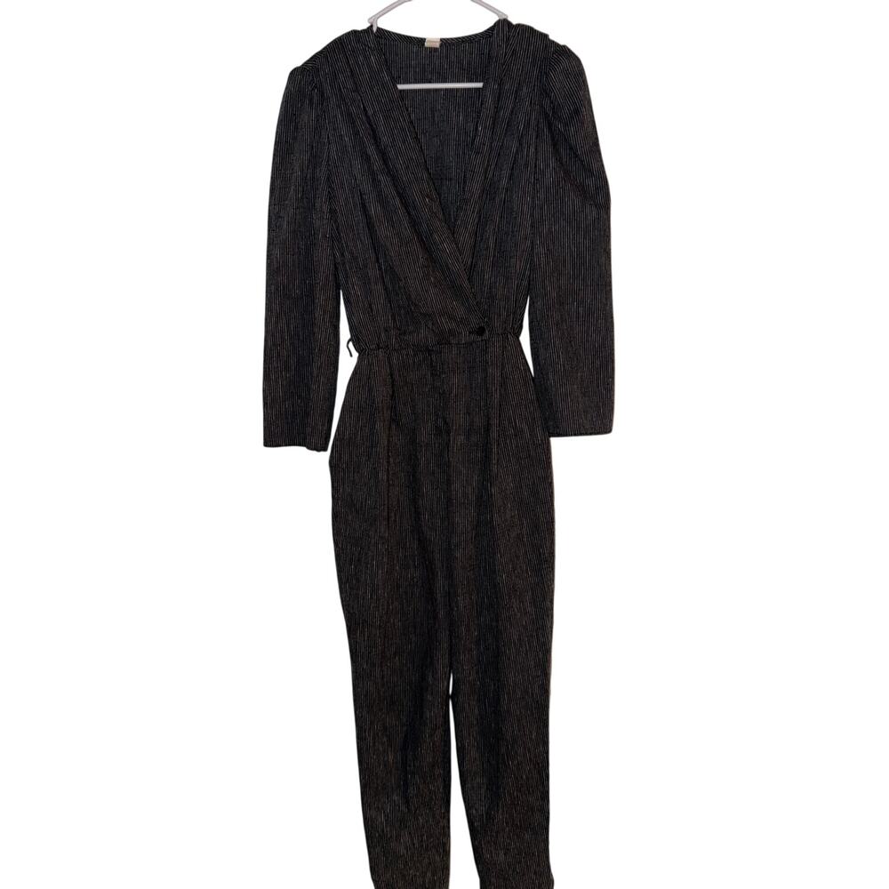 Vintage 80s 90s Black Pinstripe Wrap Jumpsuit Modern Minimalist Chic Size 11